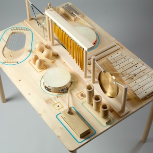 Wooden Instruments on Big Table, Montessori music, Percussion Instruments for Kids