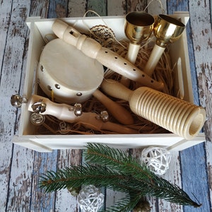 Set of percussion instruments Wooden intruments Children instruments Wooden Montessori Flute Domroo drum Guiro Jingle stick Bells Waldorf