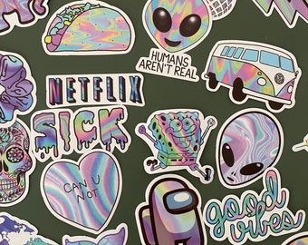 50 Neon holographic style stickers - Vinyl stickers bundle - Funny stickers pack - stickers - Alien