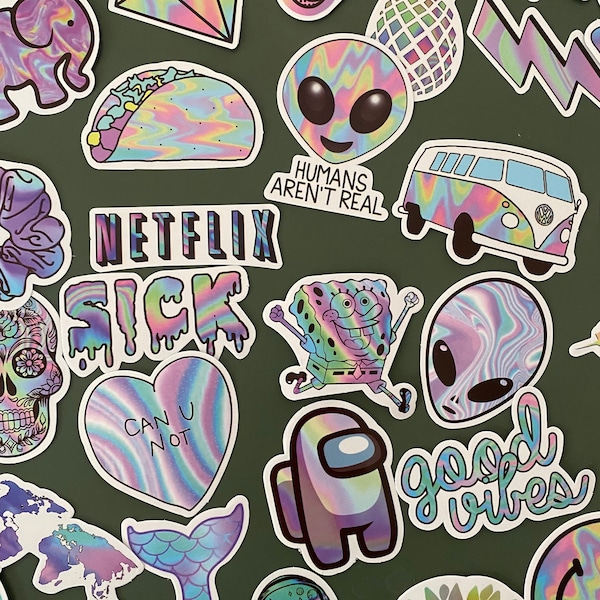 50 Neon holographic style stickers - Vinyl stickers bundle - Funny stickers pack - stickers - Alien