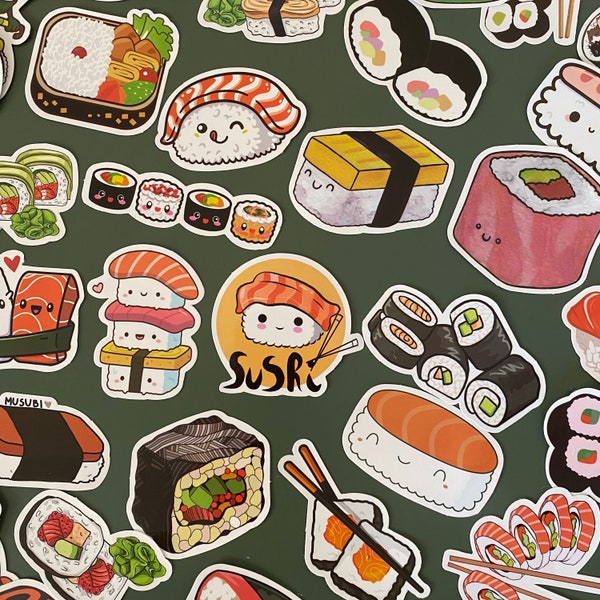 Lot 50 Stickers sushis makis - Nigiris - Sashimis - Temakis - California rolls - Vinyle stickers bundle- Funny stickers pack- autocollants
