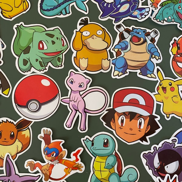 50 Pokemon Stickers - Pikacu - Bulbasaur - Charmander - Squirtle - Jigglypuff - Eevee - Snorlax - Meowth - Psyduck - Gengar - Eevee