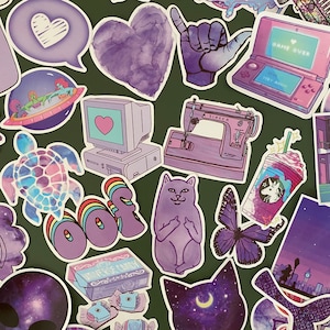 50 stickers pack Violet - Vinyle stickers bundle- Funny stickers pack- autocollants - holographic - space - cosmos - cat - gourde - valise