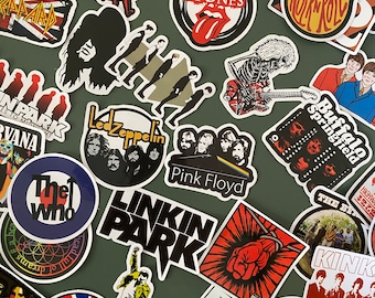 Lot 50 Rock band Stickers - The Beatles - Led Zeppelin - Pink Floyd - Queen - The Rolling Stones - The Who - U2 - Nirvana - The Doors -AC/DC