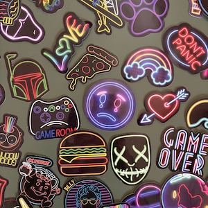 Lot 50 Stickers Neon Noir - funny sticker bags - autocollants - vinyles - decoration carnet - bullet - pizza - gaming - ordinateur
