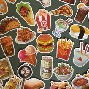 Paquete de 50 pegatinas de comida rápida: patatas fritas, hamburguesas, sushi y tacos. Pegatinas de vinilo. Paquete de pegatinas divertidas. Pegatinas.