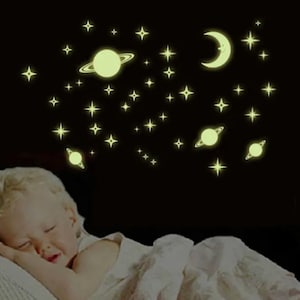 Decoración de pared galaxia, estrellas fluorescentes autoadhesivas / Vinilos decorativos para habitación de bebé o niño / Luna - niña y niño