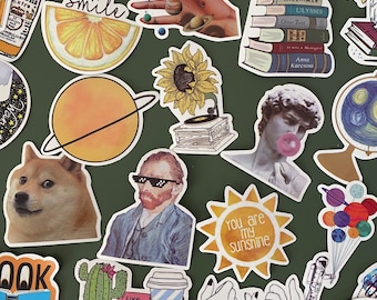 Pack 50 gevarieerde stickers geel - vinylstickersbundel - grappige stickerspakket - stickers - Van Gogh, boeken, zonnebloemen - bullet journal - vsco