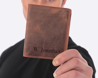 Cartera de cuero genuino para hombre con grabado personalizado: tarjetero minimalista y delgado personalizado para tu novio.