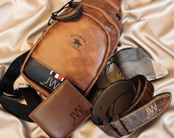 Personalized Mens Gift Set with Crossbody Bag Wallet Belt Birthday Gift