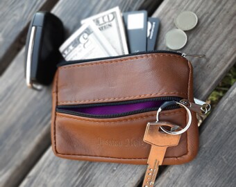 PERSONALIZED Leather Pouch, Custom Coin Purse, Change Case, Credit Card and Cash Holder, Keychain, Keyring Case, Small Gift