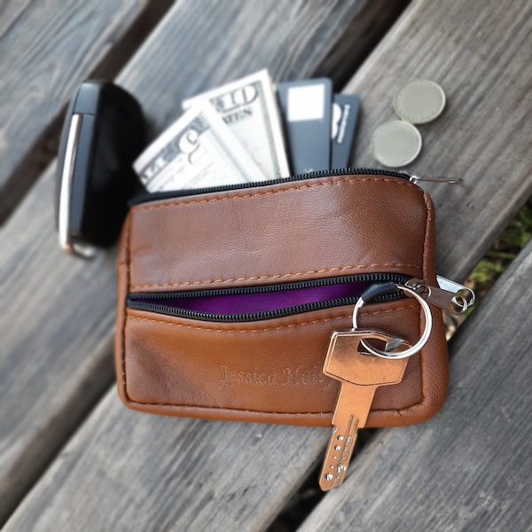 PERSONALIZED Leather Pouch, Custom Coin Purse, Change Case, Credit Card and Cash Holder, Keychain, Keyring Case, Small Gift