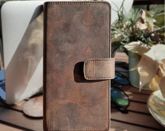 Personalized Phone Wallet - Slim Clutch with Custom Engraving - Genuine Leather Large Cardholder