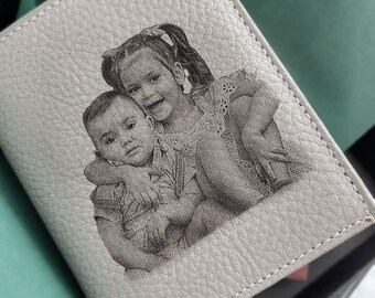 Personalised Man Wallet / Engraved Photo on Billfold / Genuine Leather Gray Christmas Gift