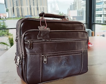 Personalized Brown Leather Messenger Bag / Engraved Crossbody Briefcase