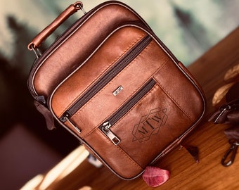 Free Personalized Leather Crossbody Men's Bag - Engraved Messenger Bag - Leather Bag and Wallet Set for Mens - Genuine Leather Handmade Gift