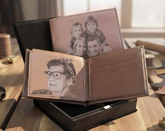Photo Engraved Vegan Leather Wallet for Men - Personalized Birthday Gift for Dad, Grandpa, Son