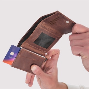 GEPERSONALISEERDE pop-upportemonnee van echt leer, creditcardportemonnee, leren kaarthouder, herencadeau, jubileumcadeau, aangepast cadeau voor hem