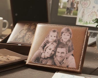 Photo Engraved Men’s Wallet - Personalized Vegan Leather with Custom Message - Birthday Gift for Husband