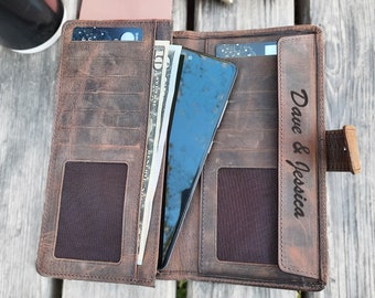 PERSONALIZED Long Leather Wallet, Iphone Case Wallet, Credit Card Holder, Engraved Crazy Leather Wallet, Custom Billfold.