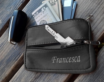 Personalized Genuine Leather Coin Purse - Custom Zipper Pouch Keychain