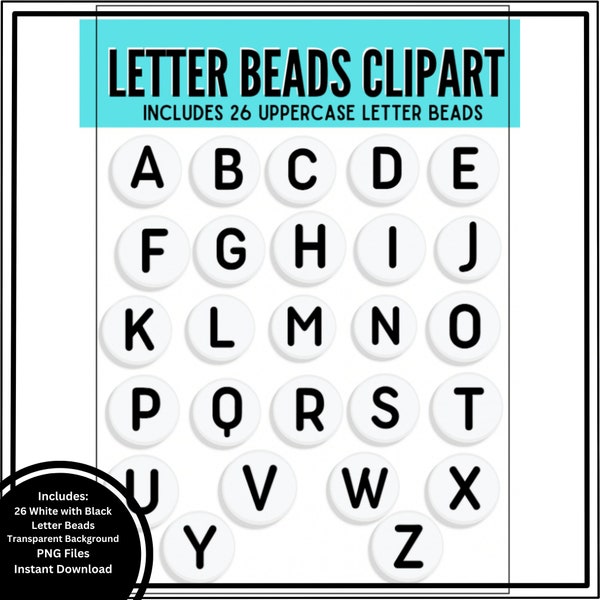 Black and White Letter Bead Clip Art, PNG, Digital Download