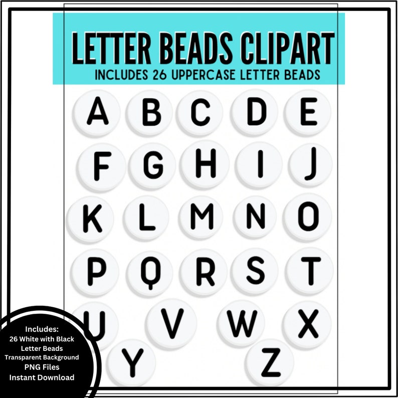Black and White Letter Bead Clip Art, PNG, Digital Download image 1