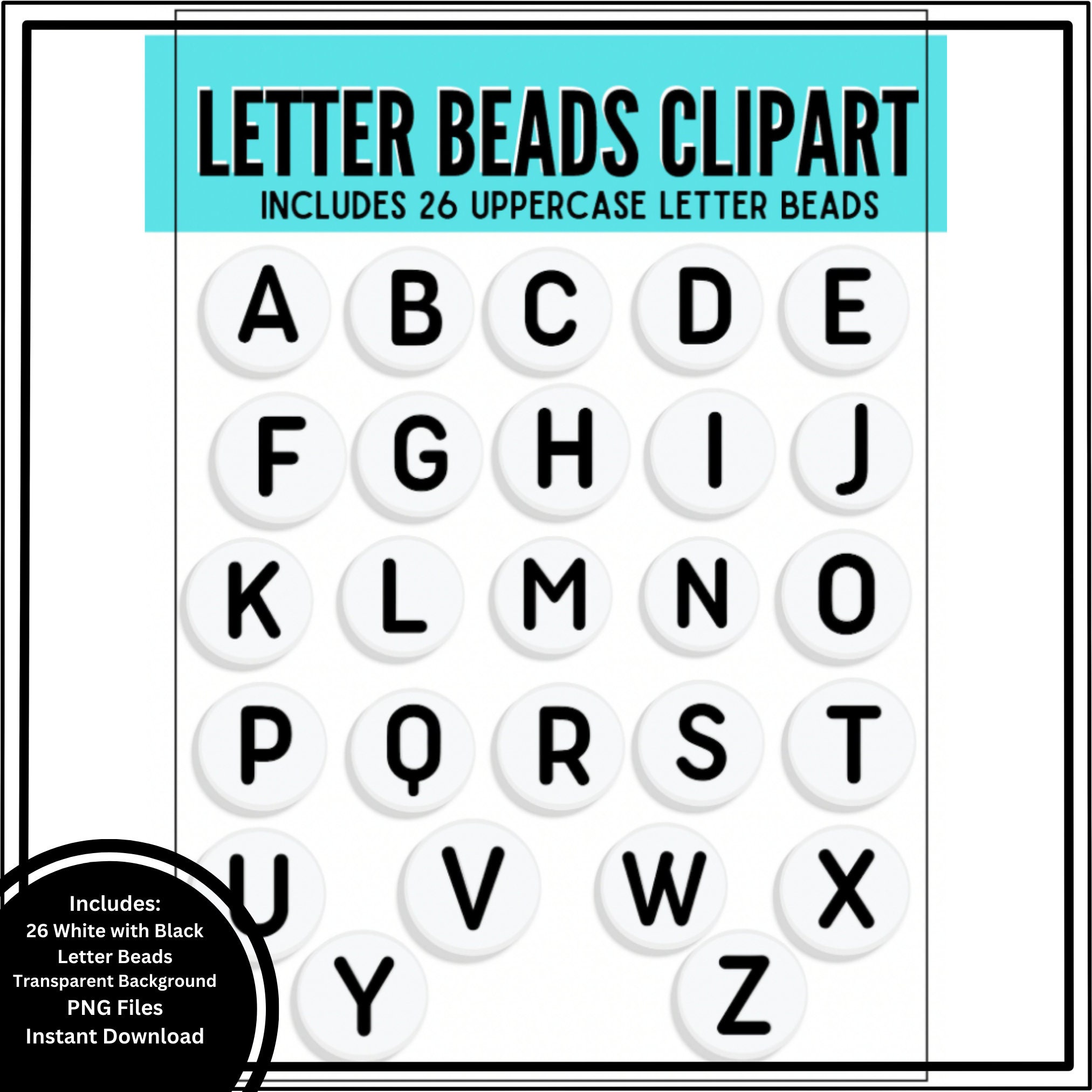 Black and White Letter Bead Clip Art, PNG, Digital Download Etsy