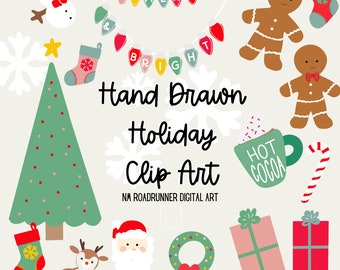 Set of 17 individual Cute Holiday Hand Drawn Clip Art Digital PNG Download, Christmas Clip Art, Santa, Stocking, Reindeer, Snowflakes