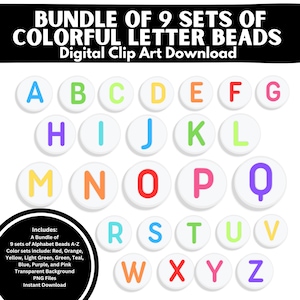 Paquete de 9 juegos de cuentas de letras del alfabeto multicolor Clip Art Descarga digital, PNG