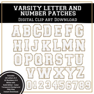 Branco com glitter dourado Patches de letras do time do colégio Clip Art, PNG, download digital PNG