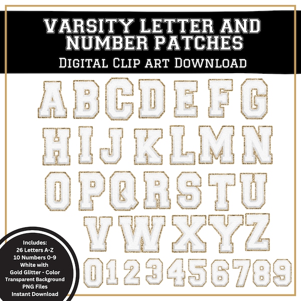 White with Gold Glitter Varsity Letter Patches Clip Art, PNG, Digital Download PNG
