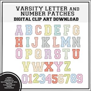 Pastel Color Varsity Letra y Número Clip Art Descarga Digital- Multicolor