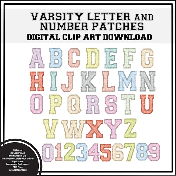 Pastel Color Varsity Letter and Number Clip Art Digital Download- Multicolor