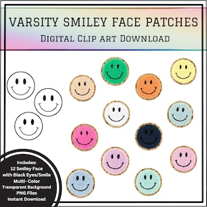 Mehrfarbiges Smiley-Gesicht mit schwarzem Lächeln / Augen Varsity Patches Clip Art Bild 1