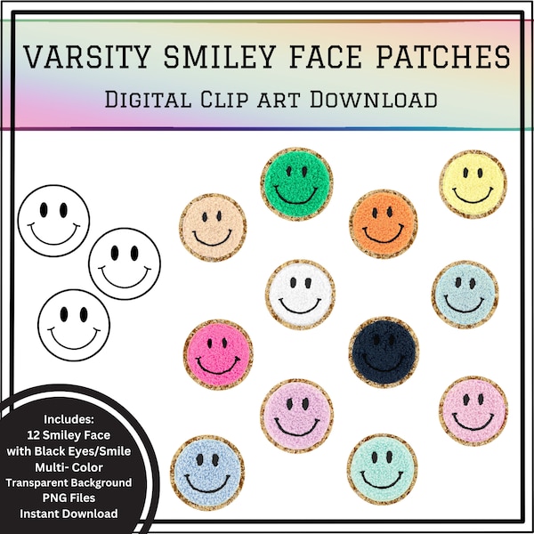 Mehrfarbiges Smiley-Gesicht mit schwarzem Lächeln / Augen Varsity Patches Clip Art