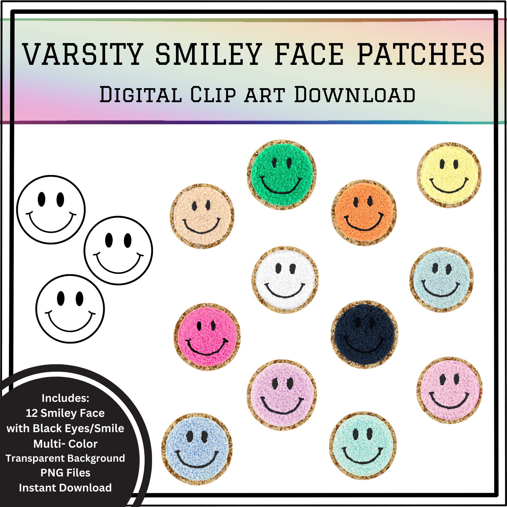 Vintage Patch Pastel Smiley Faces PNG Set with Glitter Backing, Chenille Smiley  Face, Digital Patch, Font Set