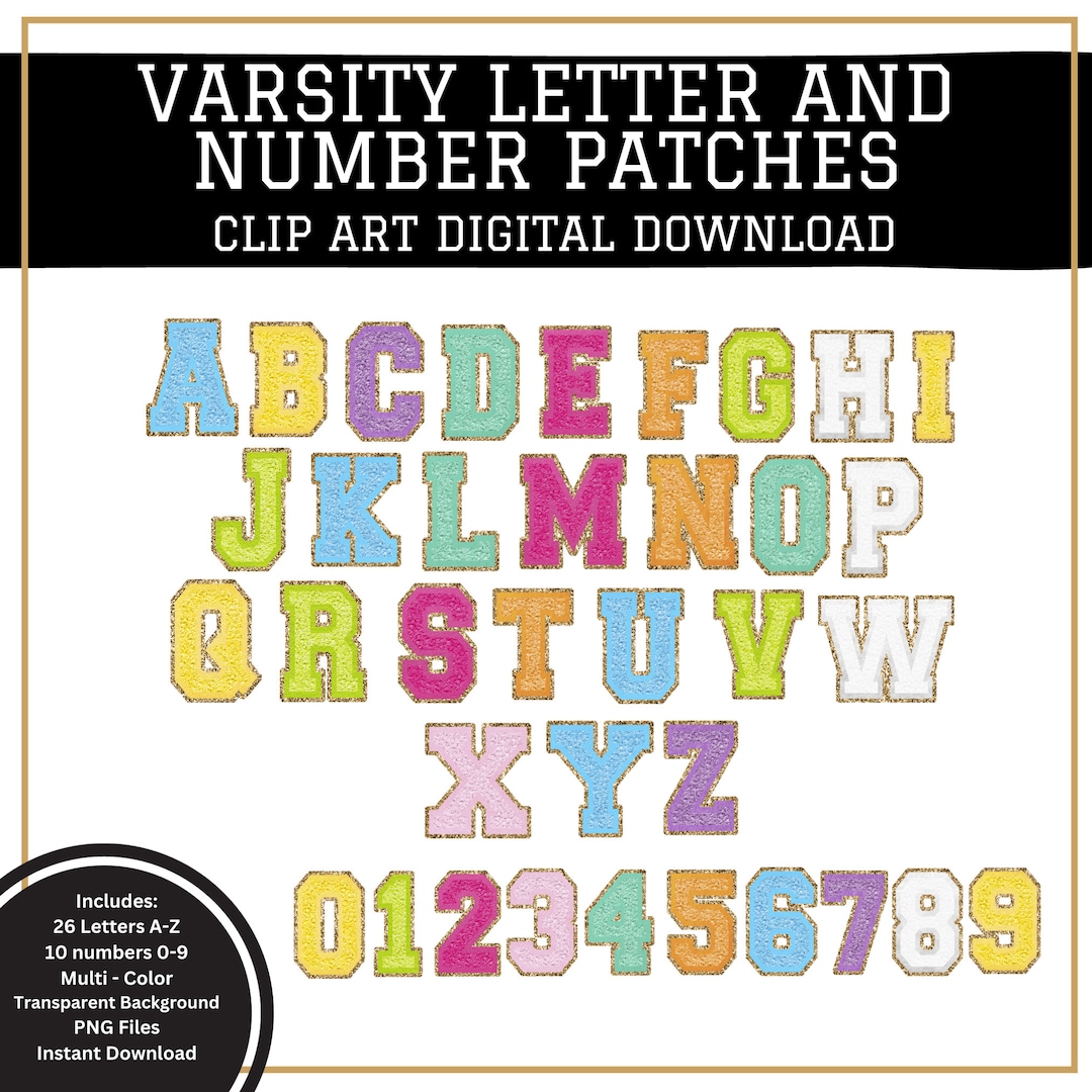 Varsity Letter and Number Clip Art, PNG, Digital Download- Multicolor