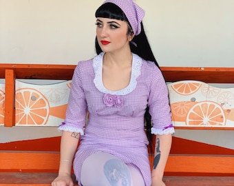 60s Lilac Gingham dress with matching Headscarf