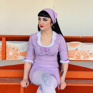 60s Lilac Gingham dress with matching Headscarf
