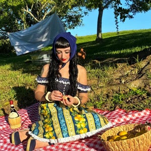 May include: A picnic scene with a red and white checkered blanket, a basket of lemons, and a bottle of wine. The person is wearing a blue headscarf and a dress with a lemon pattern. The scene is set outdoors on a sunny day.