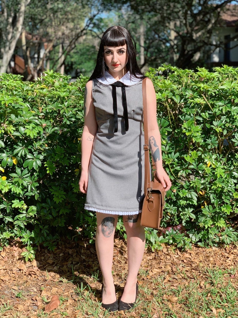 Grey 60s Peter Pan collared office dress image 1