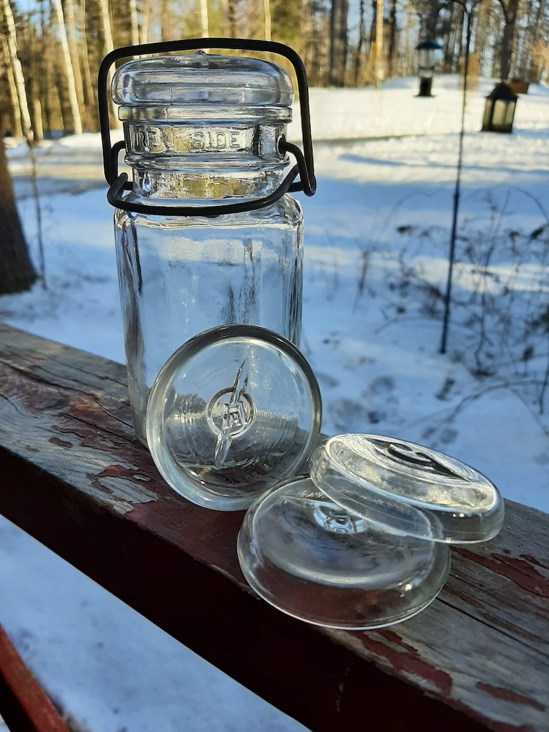 Replacement GLASS LIDS & 1940's Glass Canning Jars, Vintage Lightning, Ball, Atlas. Bail type with glass lids/metal fasteners OR Zinc lid image 1