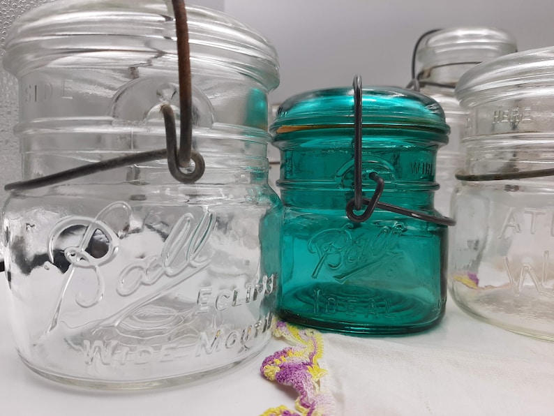 Replacement GLASS LIDS & 1940's Glass Canning Jars, Vintage Lightning, Ball, Atlas. Bail type with glass lids/metal fasteners OR Zinc lid image 5