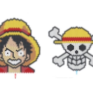 May include: A pixel art image of a cartoon character with a straw hat and a skull and crossbones. The character has a red and yellow hat, black hair, and a white and black face. The skull and crossbones are white with black details.