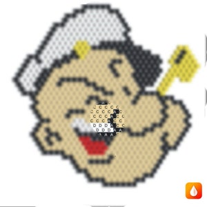 Puede incluir: Una imagen de arte de píxeles de un marinero de dibujos animados con un sombrero blanco, cabello negro y un silbato amarillo. El marinero está sonriendo y tiene un ojo blanco con una pupille negra.