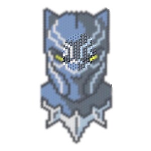 May include: A pixel art design of a blue and black superhero mask with yellow eyes. The mask is a stylized representation of a panther.