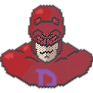 May include: A red and purple pixel art illustration of Daredevil, a superhero known for his red suit and mask.