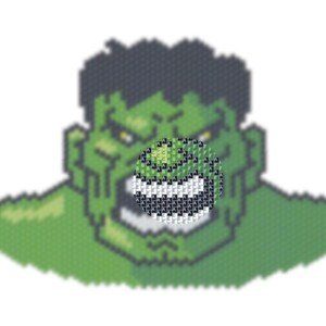 May include: A green and black pixelated image of the Hulk, a superhero known for his strength and anger. His mouth is open in a wide grin, revealing his teeth.