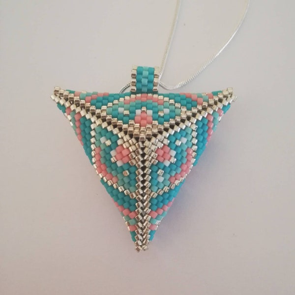 Pendentif 3D en perles Miyuki triangulaire réversible turquoise /rose et argenté